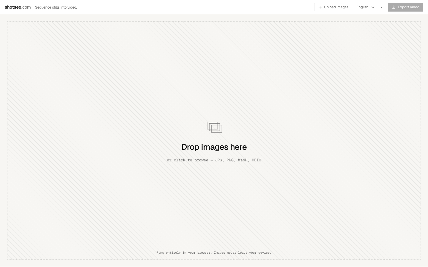 ShotSeq landing page — drop images here to start sequencing